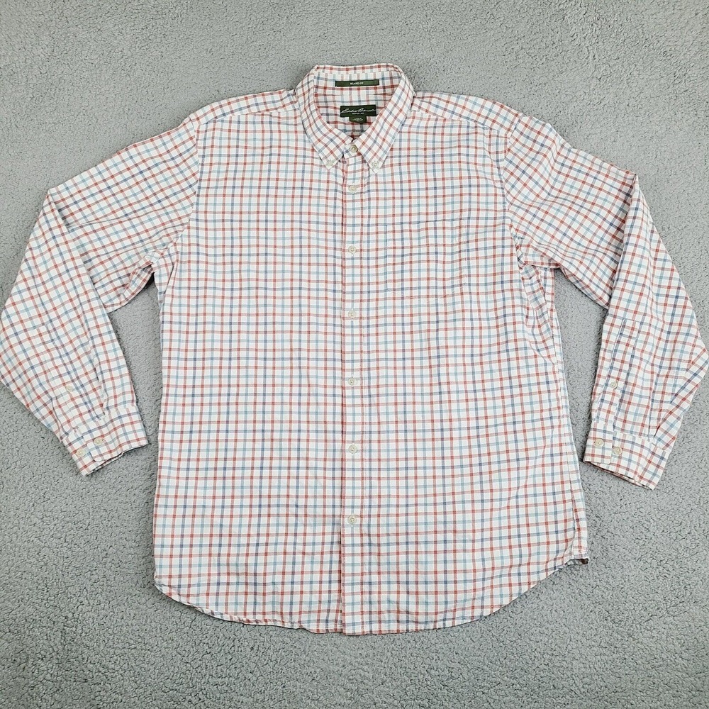 Eddie Bauer Shirt Mens Large White Plaid Button Down Relaxed Fit Long Sleeve